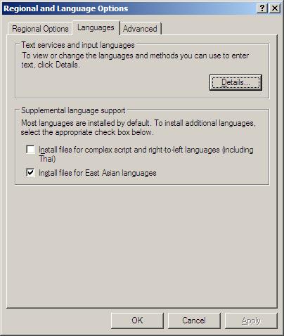 Check Install files for East Asian languages: click OK at the warning, then Apply. Wait you ll eventually get a restart dialog: click OK to restart your PC.