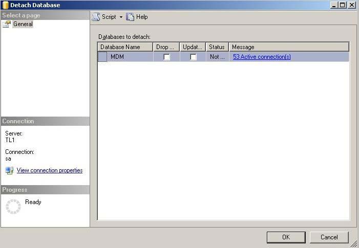 3 Detach the database from the original server: 3a Right-click the MDM database and select Tasks