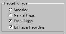 2: Recording Type Section In Bit Tracer Recording, you can use the Snapshot, Manual Trigger, and Event Trigger recording types.