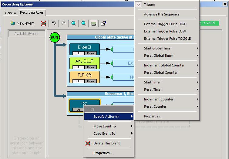 LeCroy Corporation Global State and Sequence States Global State and Sequence States The Main Display area in the center of the Recording Rules window has two cells that affect events differently,
