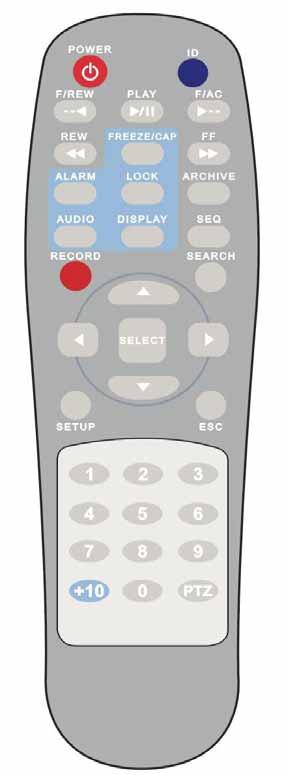 User Guide THE OPERATION OF REMOTE CONTROLLER POWER Power On/Off ID (DVRs) Input DVR ID (ID : i.e. 00 or 01) F/REW PLAY F/ADV Jump 60 seconds backward Play/Pause Jump 60 seconds forward REW Rewind