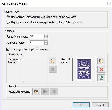 2.2.3 Card game Available configuration options: Game mode: choose between red\black or higher\lower guessing Points for survivors: how many points do the players win when they survived