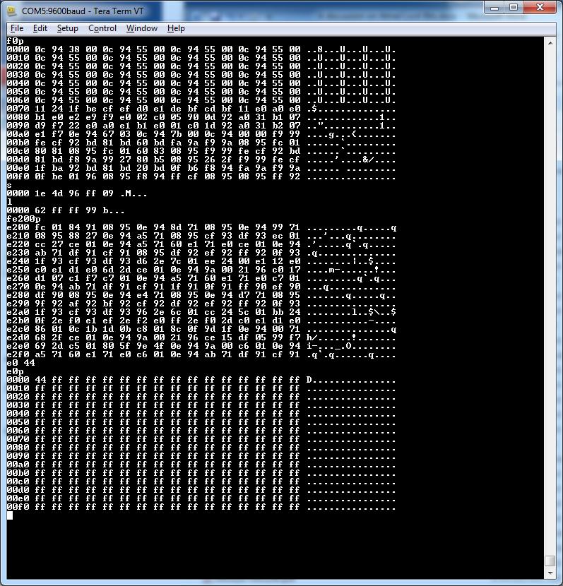 Below is a screen shot showing some example commands. F0p dumps one page of flash memory starting at address 0. S dumps the signature space. Note that location 1 is the RC oscillator calibration byte.
