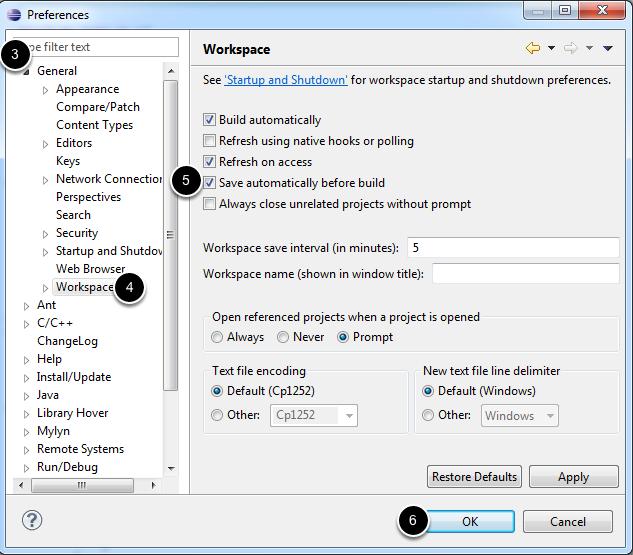 Configuring eclipse There are a huge number of configuration options for eclipse to set up the environment for your preferences. One suggested setting to note is: "Save automatically before build.