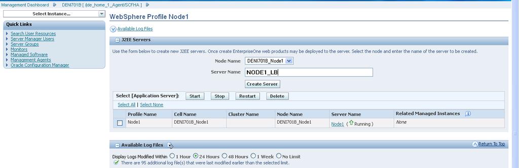 Figure 32: J2EE server properties When the creation is finished, the server name is displayed as shown in Figure 33 Figure 33: Server Manager with Node 1's J2EE server