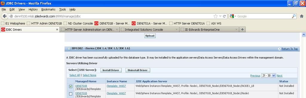 Next you will need to add the DB2 for IBM i JDBC drivers to both HTML servers. Begin by clicking on the link for JDBC Drivers from the Quick Links in the left hand navigation panel.