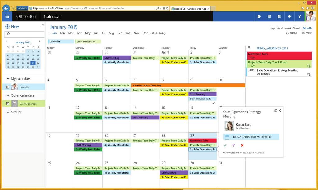 Working with the Calendar Outlook Web App includes a dynamic calendar where you can connect, categorize, and schedule efficiently and almost effortlessly.