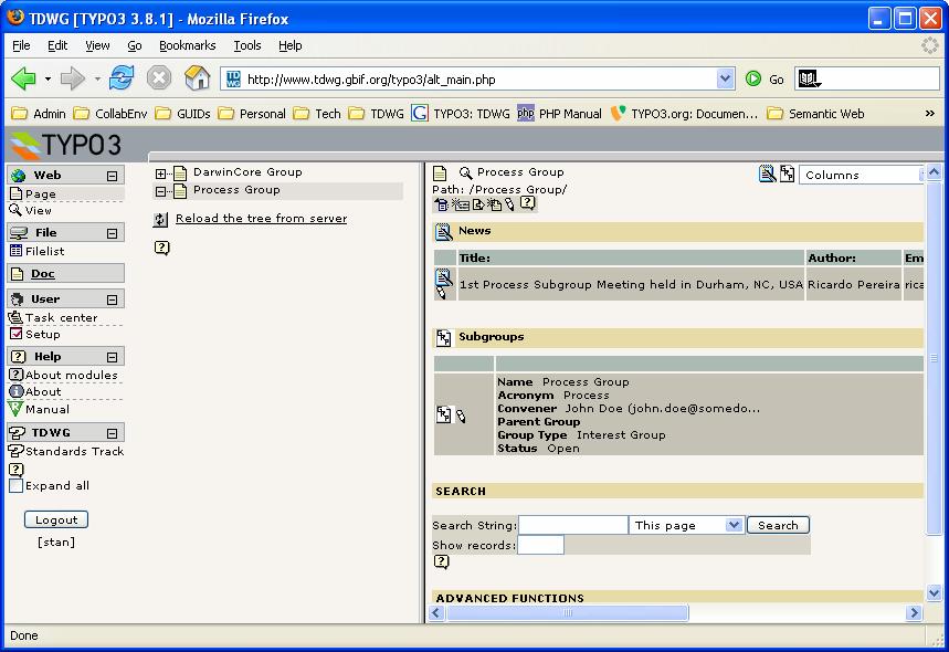 5.3. Administration Interface of Subgroup Page Conveners use the Page module to manage their subgroup page.