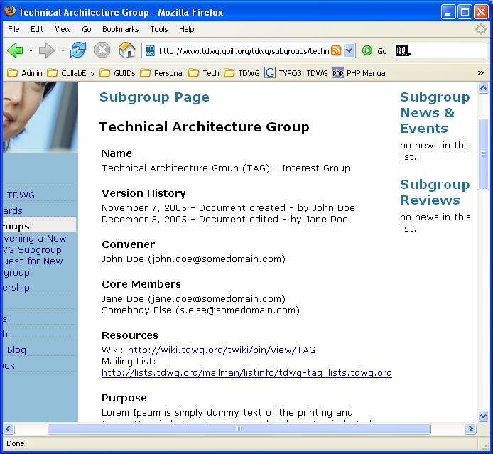 9.1. The Subgroup Page Points to the Collaboration Environment Each subgroup has an area on the TDWG Wiki for collaborative
