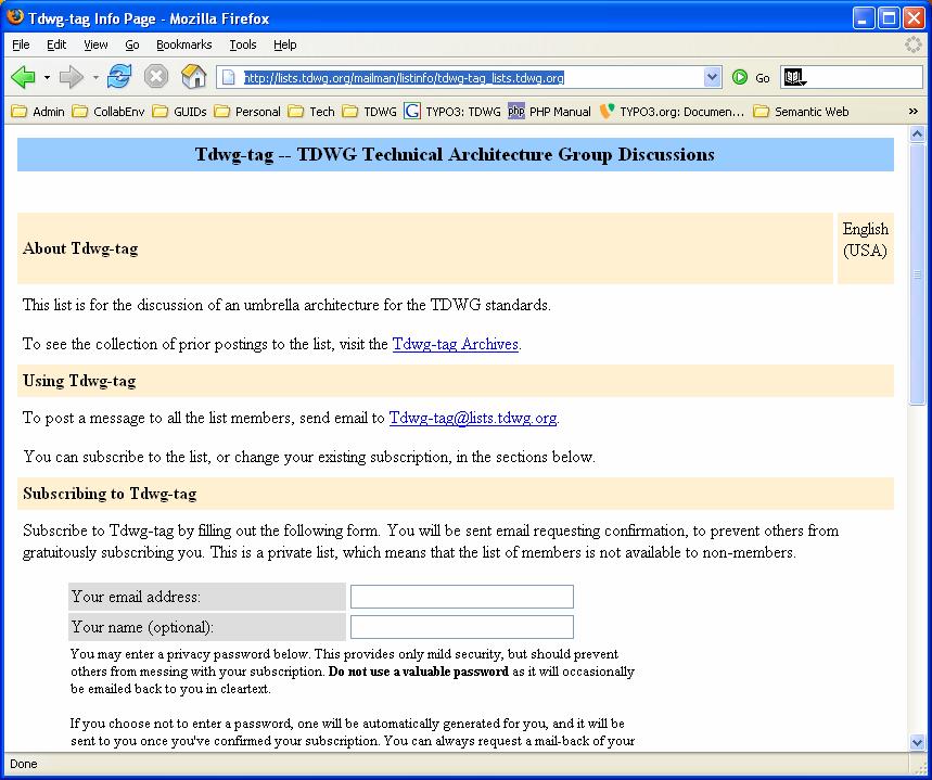 9.3. Subgroup Mailing List This is the information page of the mailing list for the TDWG Technical