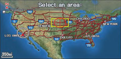 Showing the Map of Continental USA With the Continental USA selection, the display changes to: Use the Interface Dial to move the cross hairs to the area of the country close to your intended