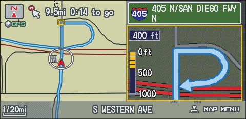 Driving to Your Destination When you get near the maneuver, the map screen changes to: On the map screen, the location of the maneuver is marked with a small yellow square.