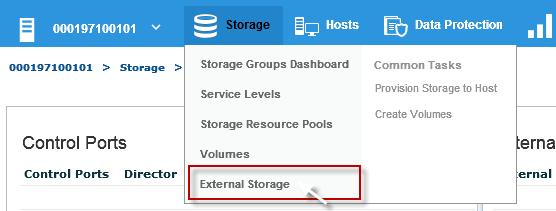 It is also possible to remove capacity from the external array using the drain options. Figure 17 shows how to access the management options in Unisphere for the external storage.