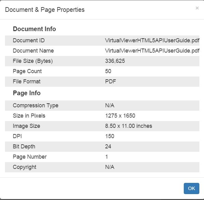 Use the following API methods to manage the display of document properties: Showing the Information for a document VirtualViewer.prototype.