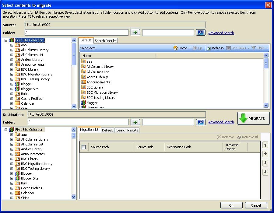 CHAPTER-4-Migrate SharePoint List contents using the browse option 4) Select contents to migrate dialog contains a textbox (top), tree-view (top-left) and a list-view (top-right), which provides