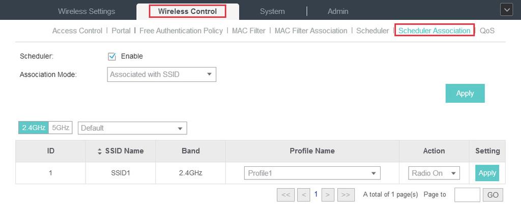 4 ) Click Apply and the profile is successfully added in the list. 2. Go to Wireless Control > Scheduler Association. 1 ) Check the box to enable Scheduler function.