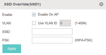 2. Click and the following window will pop up. 3. Check the box to enable the feature. 4. You can join the overridden SSID in to a VLAN. Check the Use VLAN ID box and specify a VLAN ID. 5.