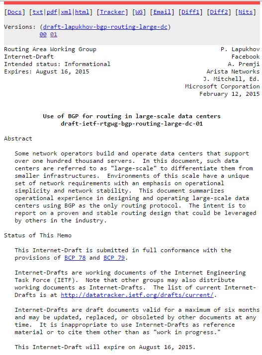 Source:draft-ietf-rtgwg-bgp-routing-large-dc-01 Authors P.