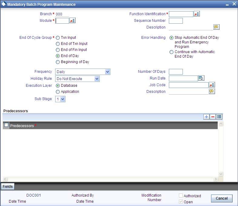 2.3 Defining Functions to be Run Automatically Through the Mandatory Batch Program Maintenance screen, you can indicate the functions that should be automatically triggered as part of automatic End