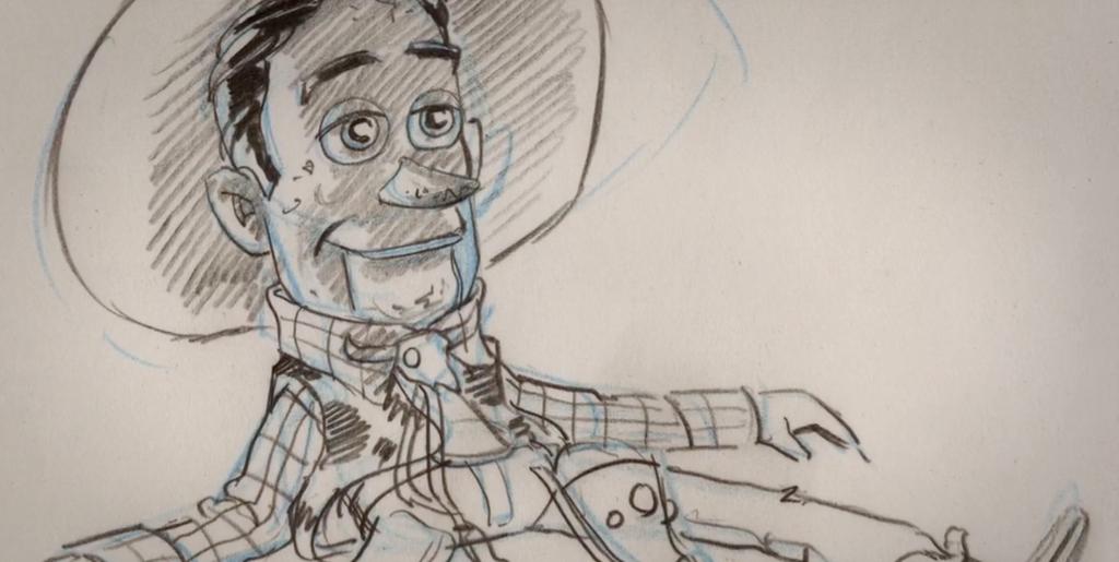 Drawing This image shows a sketch of the character Woody in the animated film Toy Story. The sketch was created by Pixar s character artists.