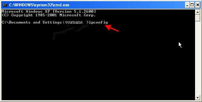Once the Command Prompt is displayed, type ipconfig and press the Enter key.