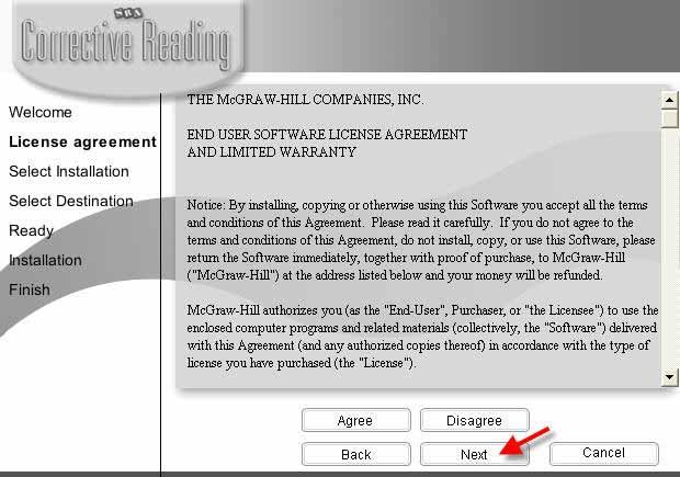 Click the Agree button and then the Next button to accept the McGraw-Hill Companies End User Software