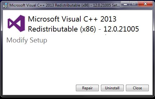 10 If the Microsoft Visual C++ 2013 redistributables ARE ALREADY INSTALLED, follow these steps: "Microsoft Visual C++ 2013 Redistributable (x86)" "Modify Setup"