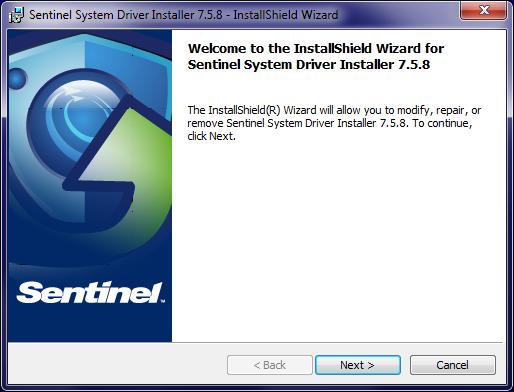 11 After closing the Microsoft Visual C++ Redistributables window, the Sentinel System Driver installer