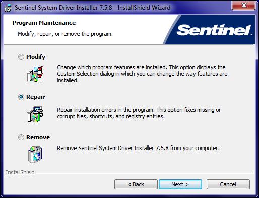 14 If the Sentinel System Drivers ARE ALREADY INSTALLED, follow these steps: "Sentinel" "Program Maintenance" window Click the "Repair" button, then click "Next"