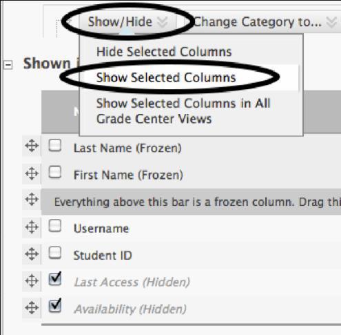 Selected Columns, Show Selected Columns, or Show Selected Columns in All Grade Center
