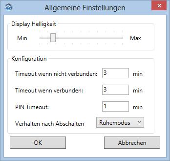 In this dialog you can set the display brightness, the display time of the status of the TAG-operation and various timeouts.