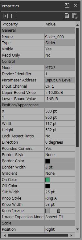 Properties area This area shows the properties of a page or a widget. You can edit items whose Value field is not shaded.