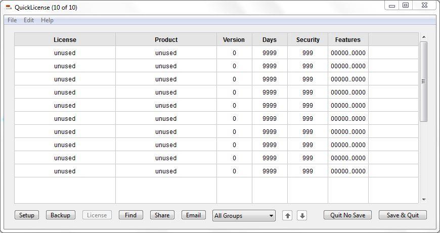 Start QuickLicense Launch QuickLicense to see the main window. This window shows one row of data for each record in the QuickLicense data file.