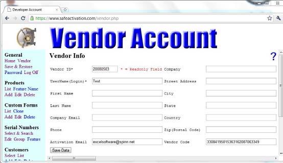 The left side of the screen has links to pages to configure products, custom forms, serial numbers and view customer activation data. Click the blue? to see the online help page.