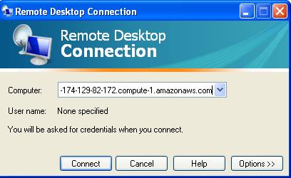 4. On your windows machine go into remote desktop and logon to the machine using the Public DNS. 5.