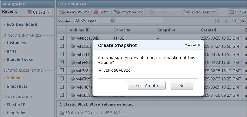 2. Right click on the EBS volume that corresponds to the device and instance id you recorded, and select Create a snapshot from volume. Then press Yes,Create in the pop-up.
