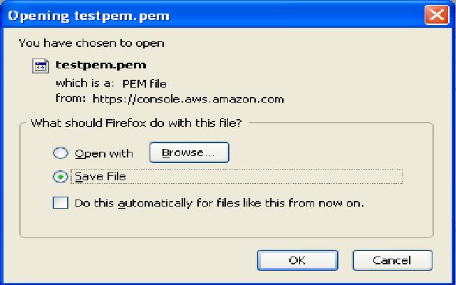 3. Type in a name for your KeyPair, and click the Ok button. 4. You will be prompted to open or save the.pem file.