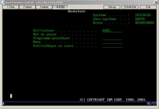 A window showing the display of the Axel terminal is opened: The display of the terminal is displayed in real time. In addition the keystrokes from the Windows machine are sent to the terminal.