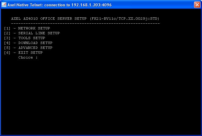 This window is automatically closed when the set-up is exited. Note: AxRM provides a pre-tuned telnet client designed specifically to access the terminal.