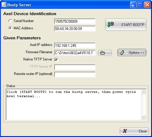 7.2.4 - Configuring the BOOTP Server (Advanced) The [Options >>] button gives access to the advanced settings: To use a third party TFTP server (i.e. not the embedded AxRM TFTP server) Untick the "Native TFTP Server" box and give the IP address of the third party TFTP server.