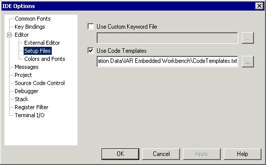 IAR Embedded Workbench IDE reference Editor Setup Files options The Editor Setup Files options are available by choosing Tools>Options.