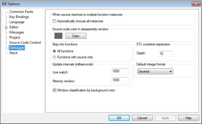 Menus Debugger options The Debugger options are available by choosing Tools>Options. Figure 73: Debugger options Use this page to configure the debugger environment.