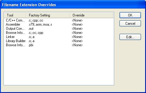 IAR Embedded Workbench IDE reference Filename Extension Overrides dialog box The Filename Extension Overrides dialog box is available from the Filename Extensions dialog box.