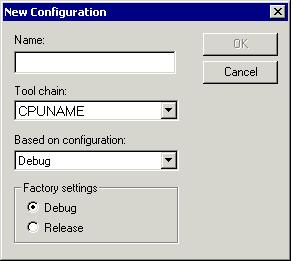 Managing projects New Configuration dialog box The New Configuration dialog box is available by clicking New in the Configurations for project dialog box.