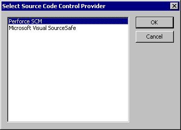 Managing projects Select Source Code Control Provider dialog box The Select Source Code Control Provider dialog box is displayed if several SCC