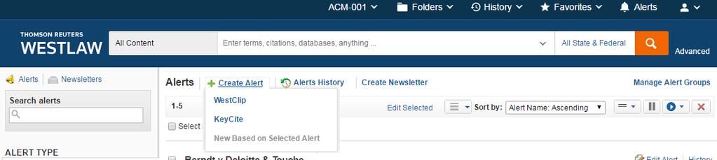 Options for viewing your alerts include: View by Alert Type Create a newsletter Create a new alert of alerts Display in list Filter alerts View alert history