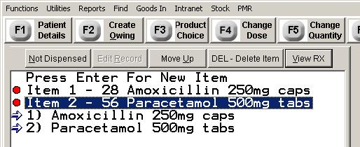 In the above instance, you can edit the record (ALT-R) or view the last prescription that the item was on for this patient (ALT-V) In this example, you can now set an item as