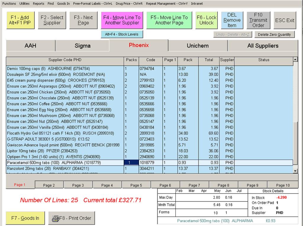 Ordering Products From the patient select screen, press F7 to go to the order page. This will bring up a list of all items that are currently on order. Expensive items are highlighted in red.