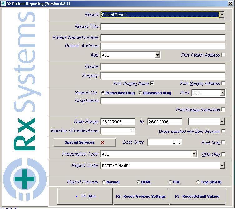 Using the Patient/Drug use report, you can run a report on a patient name, address, age range, specific doctor or surgery, or a specific drug name.