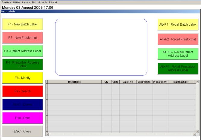 Free Format Labels / Batch Labels To produce a free format label or batch label, press CTRL-L from the patient select screen. Alternatively, press ALT-U and select Free Format Labels from the menu.